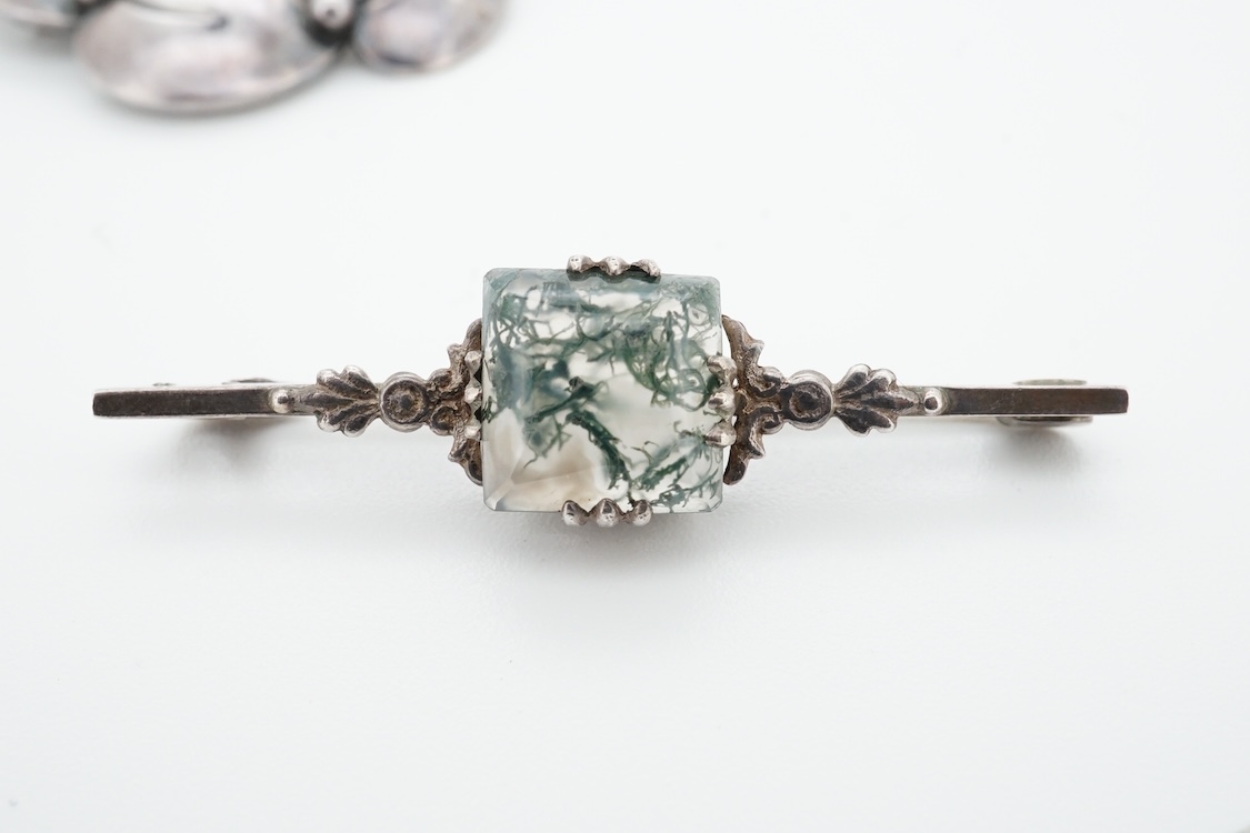 A 1960's Danish silver foliate brooch, by Nils Erik From, import marks possibly for Henry James Hulbert, London, 1964, 37mm, together with a moss agate set white metal bar brooch and a two colour enamel and paste set met